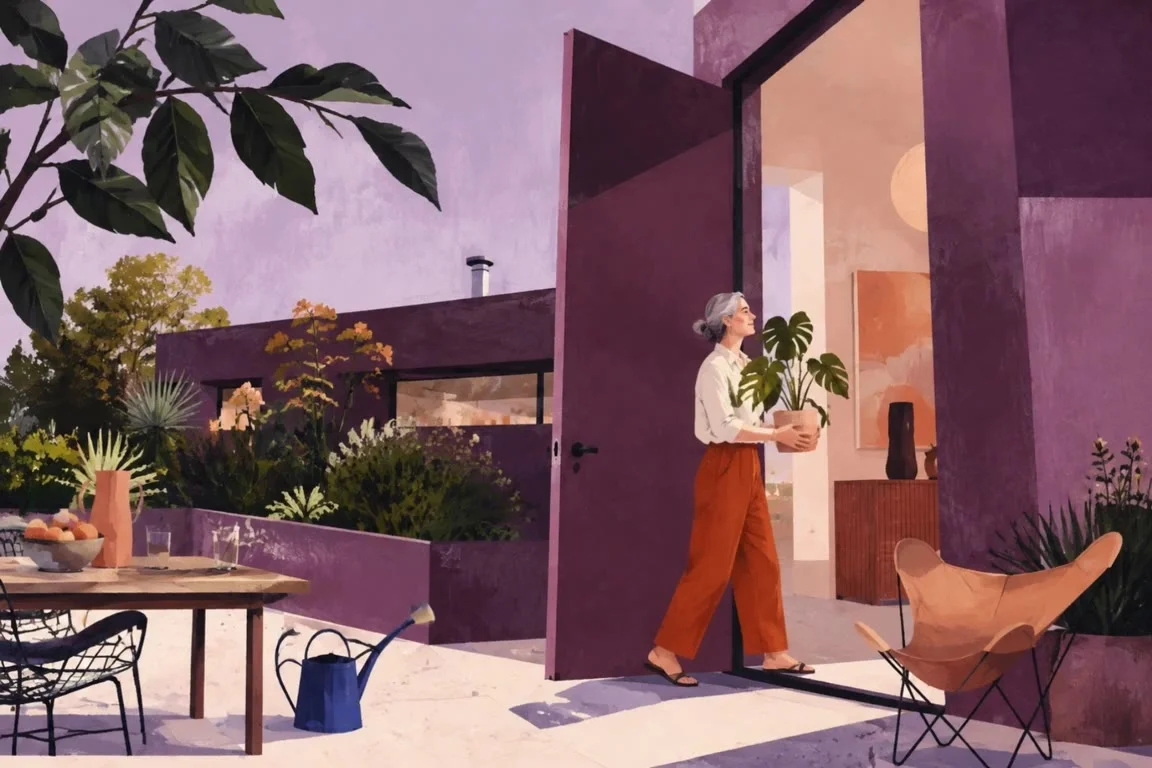Illustration av en kvinna som bär en växt från sin terrass in i hemmet.